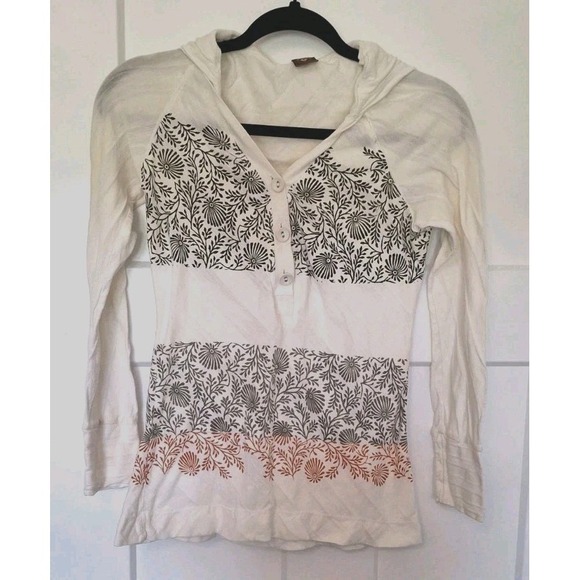 Language Tops - Vtg Language Los Angles Y2K Long Sleeve Top Ivory Floral Henley Hoodie M Boho